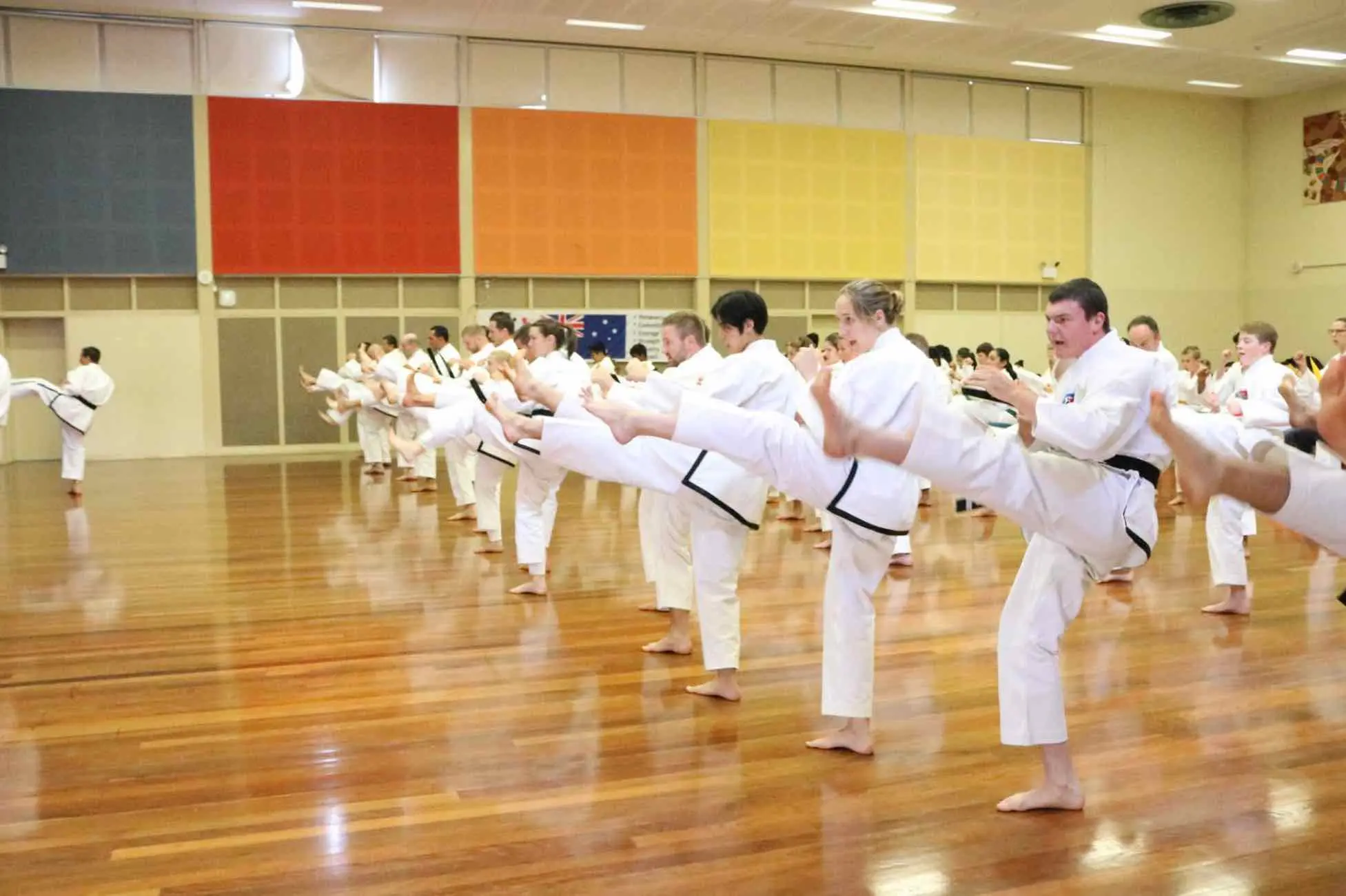 Action Tae Kwon-Do black belts at a grading.