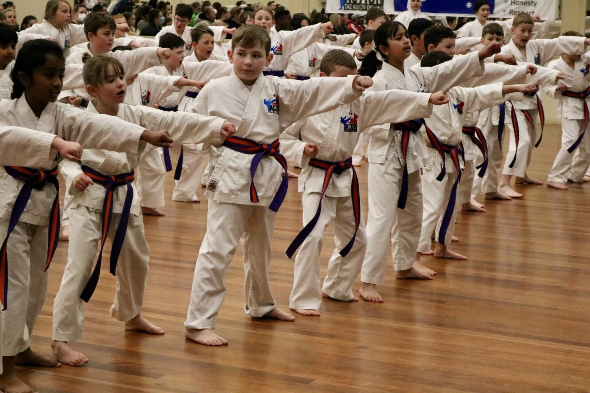 Action Tae Kwon-Do kids punching at a grading.
